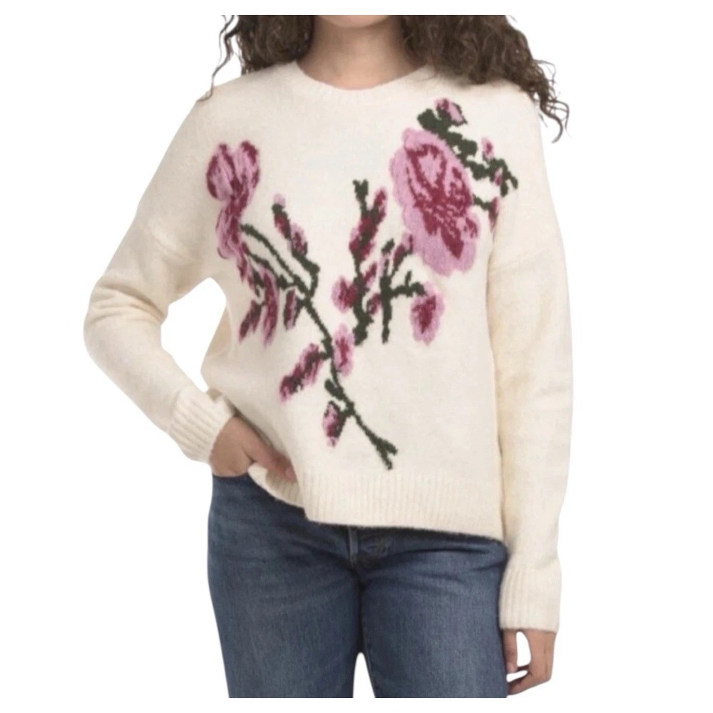 Ted Baker Floral Jacquard Sweater Womens L Cream Pink Fuzzy Knit NWT
